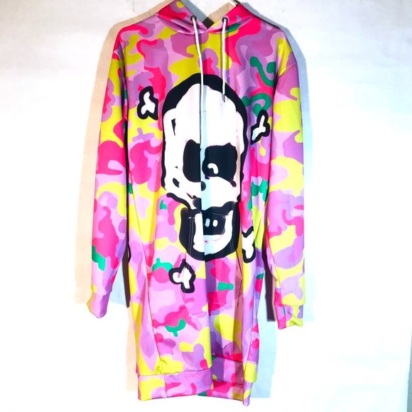 Pink Camouflage Skull Hoodie Long Mini Dress Size Extra Large Sweatshirt Skate - Picture 7 of 13